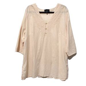 Cynthia Rowley Size 1X Linen Blend Tunic Top Beige Embroidered V Neck 3/4 Sleeve